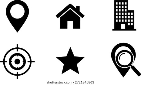 A collection of six vector silhouette icons for location, navigation and mapping design