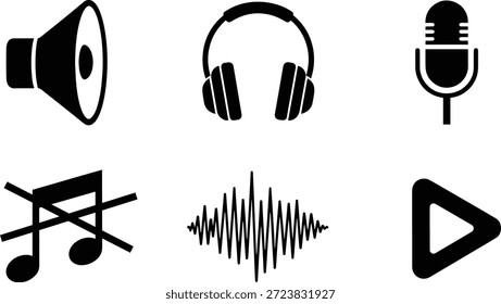 Una colección de seis iconos de silueta de Vector para el diseño de audio y sonido, incluyendo un megáfono, auriculares, micrófono, notas musicales, ondas de sonido y Botón de reproducción.