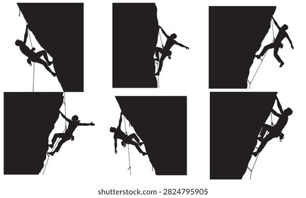 A collection of six vector silhouettes illustrates individuals actively engaged in rock climbing, depicting various challenging poses and movements on a steep rock face, with safety ropes.