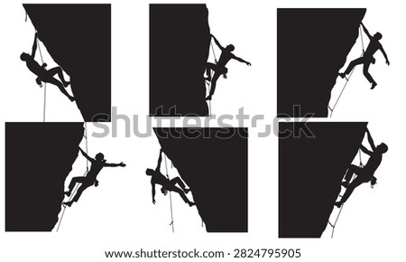 A collection of six vector silhouettes illustrates individuals actively engaged in rock climbing, depicting various challenging poses and movements on a steep rock face, with safety ropes.