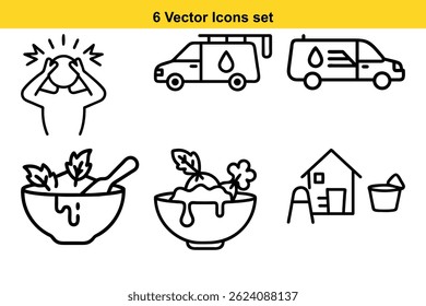 A collection of six versatile vector icons, perfect for various design projects, depicting a headache, water delivery, food, a house, and a bucket. 