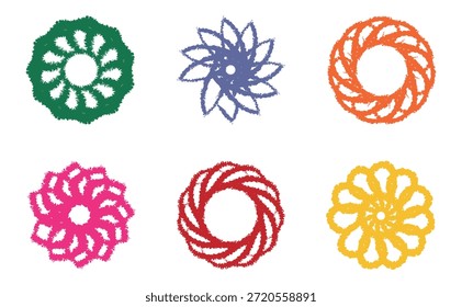 Una colección de seis diseños circulares vibrantes y abstractos, cada uno con patrones y colores únicos.