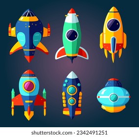 A collection of six vibrant and colorful spaceships of varying sizes and shapes on a black background