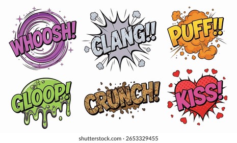 Uma coleção de seis efeitos sonoros vibrantes de quadrinhos, cada um com design e letras únicos, ilustrando várias ações como uísque, clang, puff, gloop