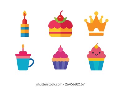 A collection of six vibrant and flat-style icons representing birthday celebration elements like cupcakes, a candle, and a crown.