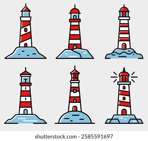 Collection of six vibrant lighthouses, each with unique designs and colors, showcasing coastal architecture and maritime themes. Ideal for nautical-themed projects. Vector illustration.