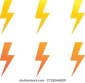 Kollektion von sechs lebhaften Blitzsymbolen mit gelben und orangefarbenen Farbverlauf-Designs, perfekt für Energie- und Energiekonzepte auf transparentem Hintergrund. auf transparentem Hintergrund