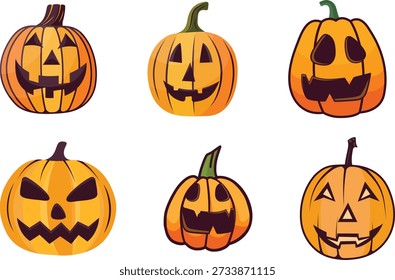 Una colección de seis vibrantes ilustraciones naranjas con varias caras talladas perfectas para temas de Halloween. Estos gráficos de calabaza festivos ofrecen diversas expresiones adecuadas para diseños de temporada y celebraciones de vacaciones de otoño.