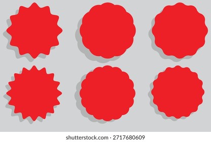 La colección de seis vibrantes Formas gráficas rojas con estallido estelar agudo y bordes festoneados suaves proporciona un espacio vacío versátil para anuncios de ventas o necesidades de diseño promocional.