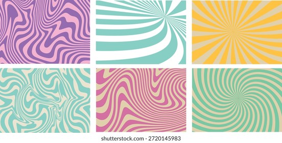 Coleção de seis projetos de fundo retro vibrante apresenta vários estilos, incluindo distorções líquidas fluidas e listras radiais hipnóticas de explosão solar em pastel contrastante e combinações de cores arrojadas perfeitas para projetos temáticos vintage.