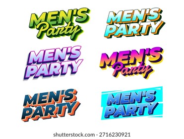A collection of six vibrant and stylized text designs featuring the phrase Mens Party. Each design showcases unique typography and color schemes, suitable for event promotions.