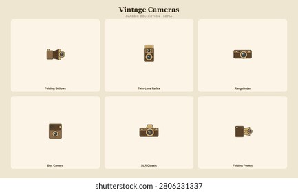 a collection of six vintage camera illustrations in sepia tones on a beige background, including folding bellows, twin-lens reflex, rangefinder, box camera, SLR classic, and folding pocket