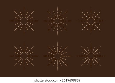 Collection of six vintage sunburst design elements, displayed on a dark brown background. The elements feature radiating lines and a subtle color palette.