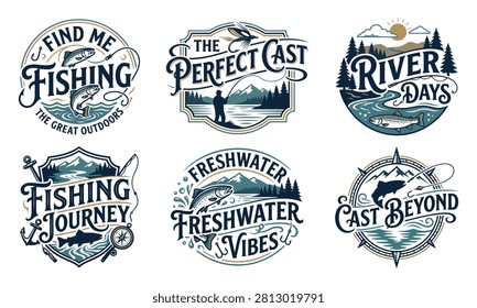 A collection of six vintagestyle circular and shield badges depicting fishing themes with trout and nature