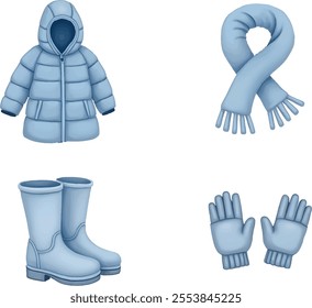 A collection of six winter items is displayed in two rows, showcasing essential clothing and accessories for cold outdoor activities, including boots, gloves, a coat, and a scarf.