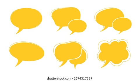 Collection of six yellow speech bubbles with a hand-drawn aesthetic on a white background.