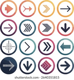 Collection of sixteen arrow icons in black and white.  The arrows are various styles, some with textures, within circular frames.  