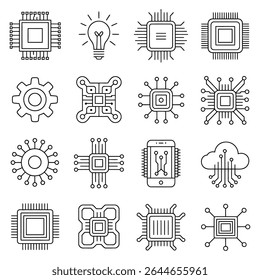 Uma coleção de dezesseis ícones de arte em linha preta representando vários microchips, circuitos, uma lâmpada e uma engrenagem em um fundo branco. O estilo é simples e mínimo.
