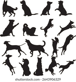 A collection of sixteen black silhouettes of dogs in various playful poses, including sitting, standing, jumping, and playing.  The simple, graphic style