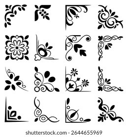 Collection of sixteen black and white corner designs featuring floral motifs swirls and leaves Simple yet elegant style suitable for various design projects