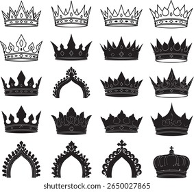 Uma coleção de dezesseis ilustrações em preto e branco de várias coroas e desenhos ornamentados de chapéus, apresentados sobre um fundo branco.