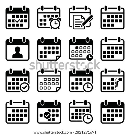 A collection of sixteen black and white vector calendar icons representing schedule planning, time management, appointments, and event tracking for office tasks.
