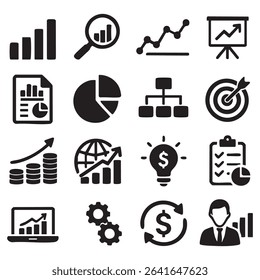 Collection of sixteen business and finance icons including charts, graphs, money symbols, gears, and a businessman, all in a bold, black silhouette style.