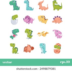 a collection of sixteen cartoon dinosaurs in various colors and poses