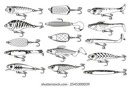 Uma coleção de dezesseis iscas de pesca diferentes é colocada sobre um fundo branco. As iscas apresentam várias formas e estilos adequados para diferentes técnicas de pesca.