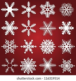 Collection of sixteen different snowflake design