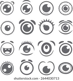 Coleção de dezesseis silhuetas de olho de desenho animado cinza exibindo diversas expressões e variações estilísticas contra um fundo branco. Elementos de design gráfico simples.