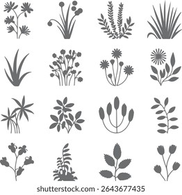 A collection of sixteen grayscale floral silhouettes featuring various plants leaves and flowers rendered in a simple minimalist style against a white background.