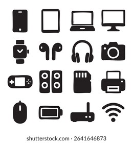 A collection of sixteen hand-drawn electronic devices in black and white, including a smartphone, tablet, laptop, and other gadgets.