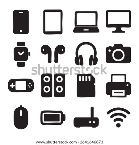 A collection of sixteen hand-drawn electronic devices in black and white, including a smartphone, tablet, laptop, and other gadgets.
