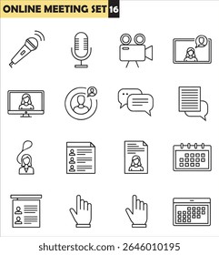 Uma coleção de dezesseis ícones de linha que retratam vários aspectos das reuniões on-line, incluindo ferramentas de comunicação, programação e participantes.
