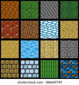Collection of sixteen seamless pixel ground textures for game platforms. Vector illustration.