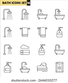 Uma coleção de dezesseis ícones de linha simples representando vários equipamentos e itens de banheiro, incluindo chuveiros, banheiras, toalhas e saboneteiras.