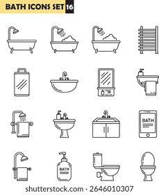 Uma coleção de dezesseis ícones de linha simples que retratam vários equipamentos e acessórios de banheiro, incluindo banheiras, pias, chuveiros, banheiros, espelhos,...