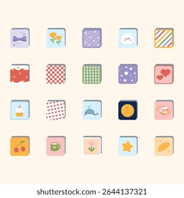Collection of sixteen square design elements with various illustrations of food items, flowers, and abstract designs. Each element features a flat style, pastel colors, and a light background.