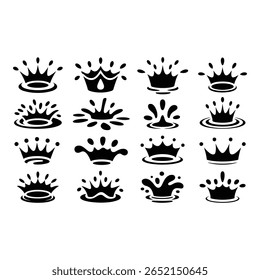 Collection of sixteen stylized black crown water splash icons graphic design elements royalty free