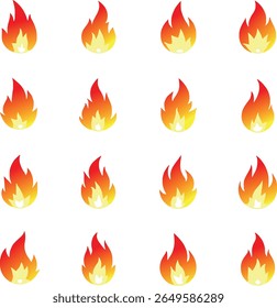 A collection of sixteen stylized flame icons, each displaying a gradient from red to orange to yellow, representing fire. These icons are arranged in a grid and isolated on a clean white background.