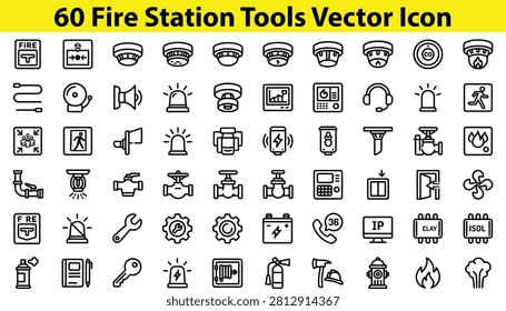 Collection of sixty fire station tools and equipment icons featuring fire alarms hoses extinguishers and safety devices isolated on transparent background