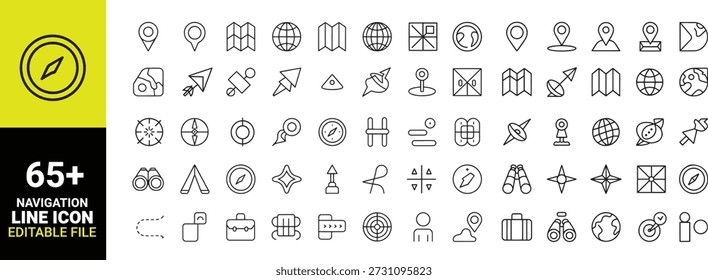 Colección de sesenta y cinco más iconos de línea minimalistas de navegación y edición en blanco y negro