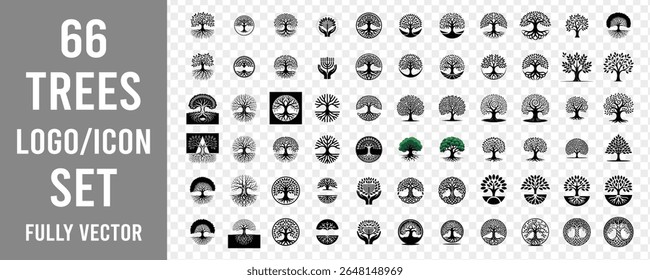 A collection of sixty-six tree logos and icons in vector format. The transparent background makes it easy for designers to use.