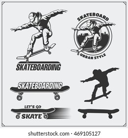 Collection of skateboarding labels, emblems, badges and design elements. Silhouette of a skateboarder.