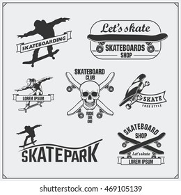 Collection of skateboarding labels, emblems, badges and design elements.