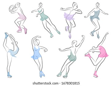 Collection. Skater skates on ice. The girl is beautiful and slender. Lady athlete, figure skater. Vector illustration of a set.