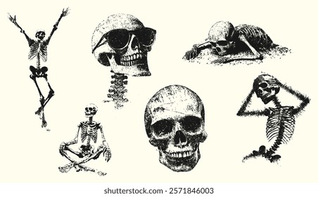 Collection of Skeleton Illustrations Featuring Different Poses and an Individual Wearing Sunglasses