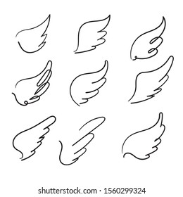 collection of Sketch angel wings. Angel feather wing, bird tattoo silhouette. Linear fly winged angels, flying heaven hand drawn doodle vector icons isolated