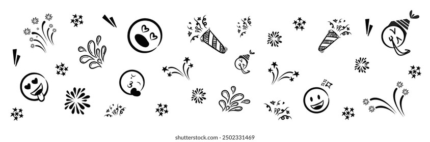 Collection of sketch birthday celebration elements. Cute line doodle emoji, fireworks, sparks, rainbow, stars, confetti. Squiggle drawings. Vector illustration
